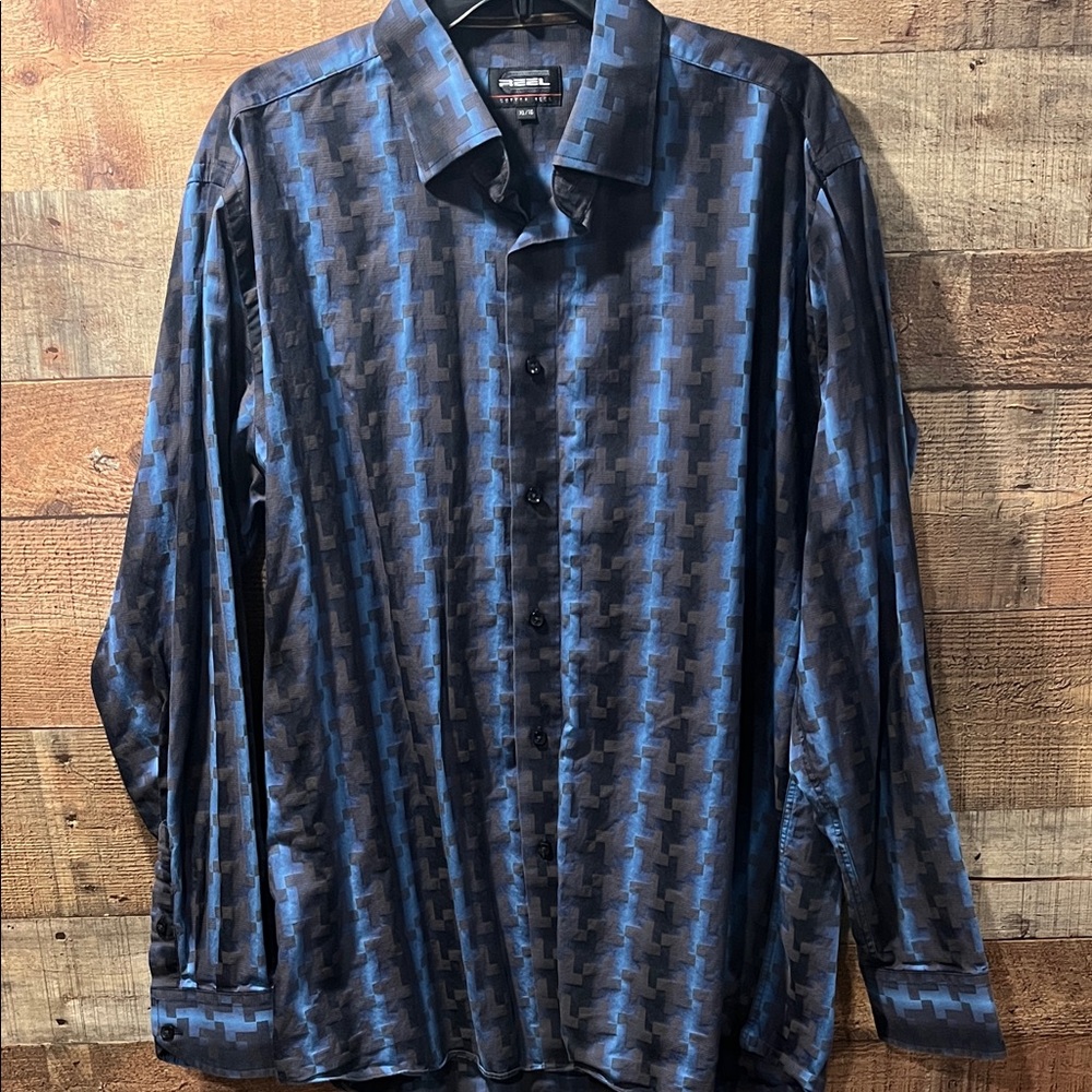 Cotton Reel Men's Blue Patterned Long-Sleeve Button-Down Shirt - XL